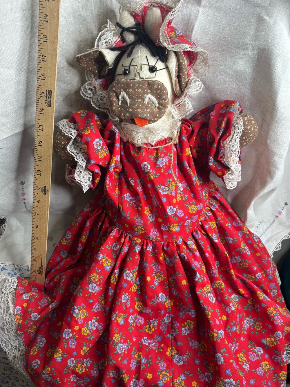 Red Floral Cow Plush Doll with Lace Trim